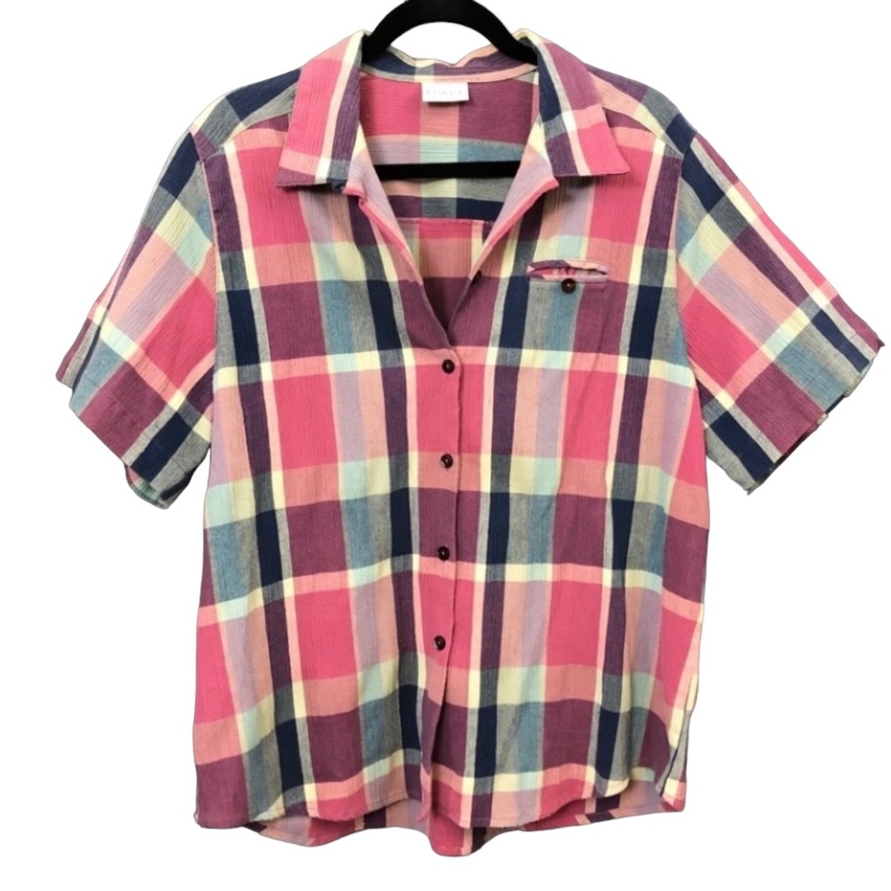 Vintage textured pink plaid short sleeve button down shirt - Picture 2 of 8